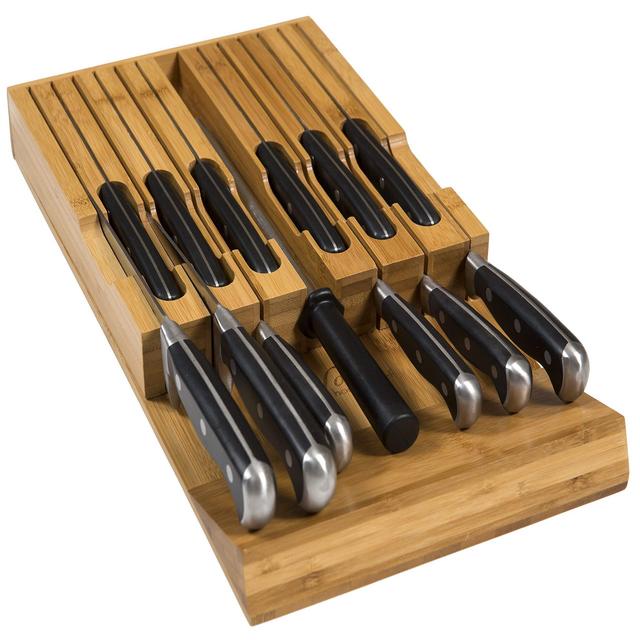 In-Drawer Bamboo Knife Block Holds 12 Knives (Not Included) Without Pointing Up PLUS a Slot for your Knife Sharpener! Noble home chef Knife Organizer Made from Quality Moso Bamboo