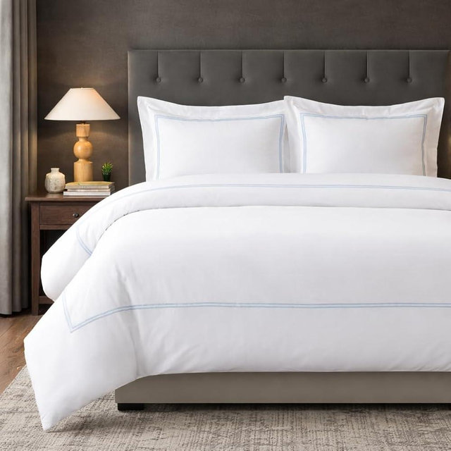 Dreamology White Duvet Cover Luxury Hotel-Quality 100% Cotton Sateen T300 Embroidered Duvet Cover with 2 Pillow Shams Hypoallergenic Button Closure 3 Pieces (Sky Blue, King)