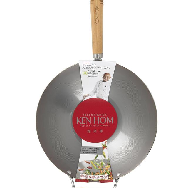 KEN HOM Carbon Steel Wok - Asian Stir Fry Pan with Helper Handle - 12.25", Silver