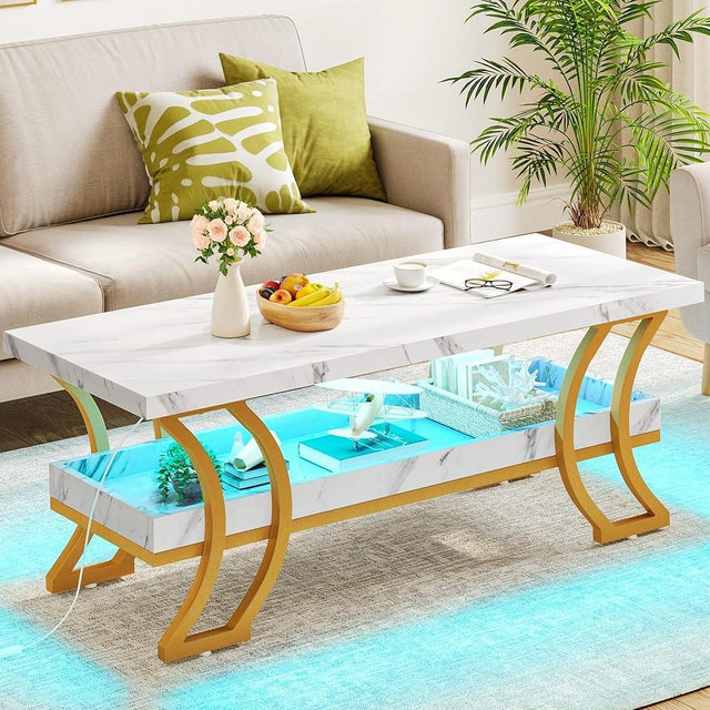 YITAHOME Coffee Table Modern Coffee Tables for Living Room White Marble Coffee Table Led Coffee Table with Storage 2-Tier Wood Center Table, Gold and White
