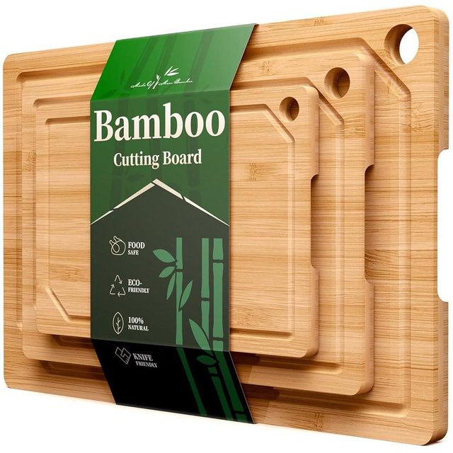 WiseBegan Cutting Board - Multi-Sizes Wooden Cutting Boards for Kitchen, Convenient Wood Cutting Board with Deep Juice Grooves, Natural Bamboo Cutting Board for Chopping & Serving, 3-Piece