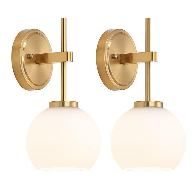 Gold Battery Operated Wall Sconce Set of 2, Wireless Rechargeable Sconces Wall Lighting with Remote Control, LED Dimmable Wall Lights with Opal White Glass Shade, 12 Colors RGB & 3 CCT Bulb