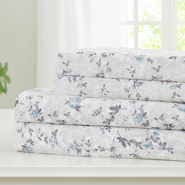 Modern Threads Silky Soft Microfiber and Wrinkle Free Sheets - Luxurious Microfiber Bed Sheets Includes Flat Sheet, Fitted Sheet with Deep Pockets, & Pillowcases Kashmir Rose Blue, Queen