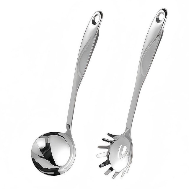 IMEEA 14.3-Inch Spaghetti Spoon and 13.4-Inch Soup Ladle Spoon Set SUS304 Stainless Steel Pasta Server Pasta Fork for Serving Soup, Noodle, Sauce
