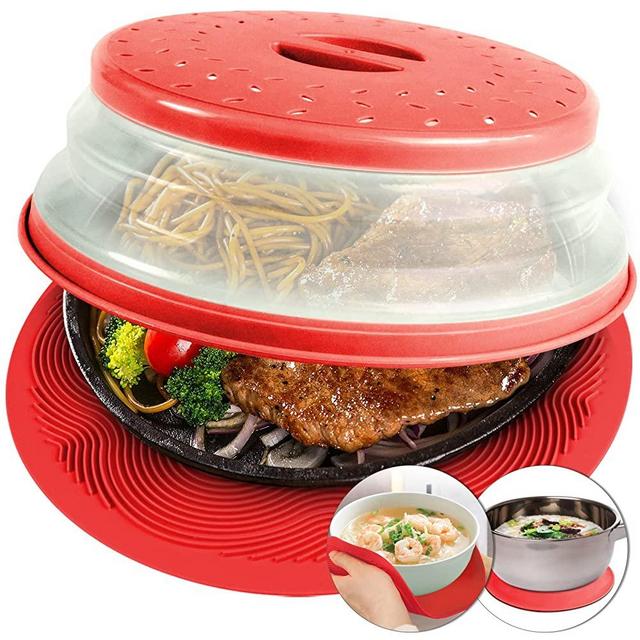 2 In 1, Aidacom Microwave Mat & Food Cover- Mat as Bowl Holder, Cover for Splatter Guard, Multi-use: Silicone Trivet, Pot Holders, Drying, Baking, Place Mat, Utensils Rest for Kitchen Counter, Red
