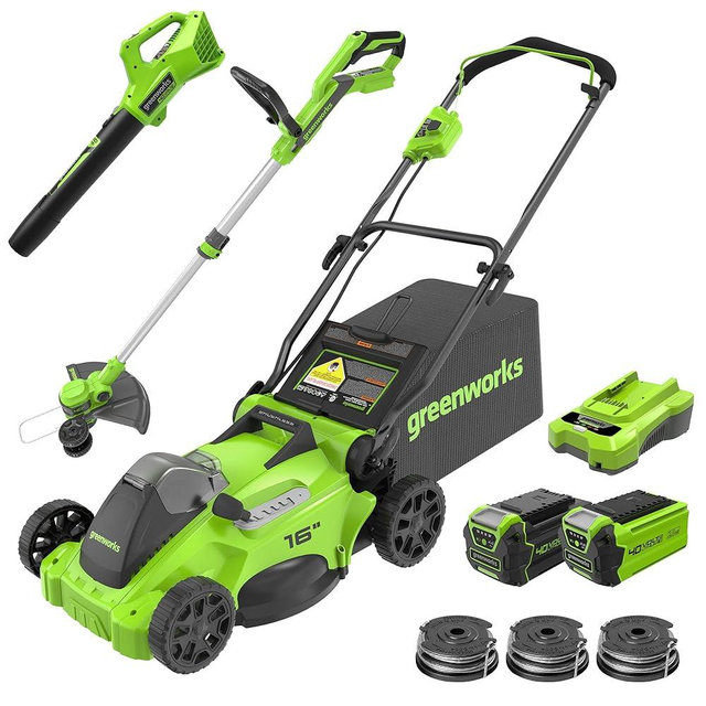 Greenworks 40V 16" Brushless Lawn Mower + Blower (350 CFM) + 13" String Trimmer (Bonus Spools), 4.0Ah + 2.0Ah Battery and Charger Included