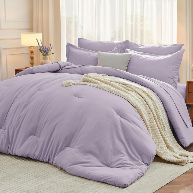 MUXHOMO 7 Pieces Queen Comforter Set, Soft Bed in a Bag Queen Size, All Season Bedding Set with Comforter, Flat Sheet, Fitted Sheet, Pillowcases & Shams, Lavender