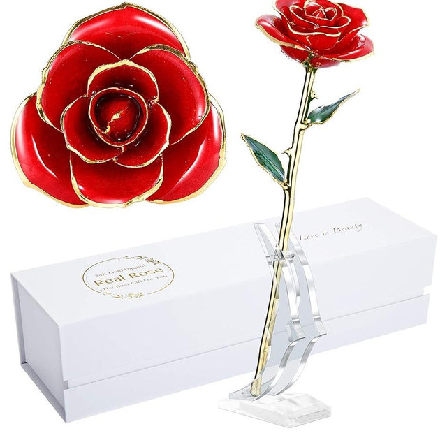 MAXSPT Valentines Day Gift Rose,24k Gold Real Rose Gift for her and Great Valentines Gift for her Rose, red Rose with Stand