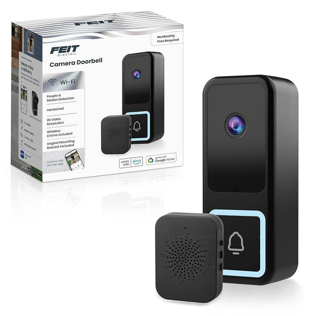 Feit Electric Smart Doorbell Camera, Wired 2K HD Video, Night Vision, Motion Detection, Two-Way Audio, Alexa/Google Assistant Compatible, App Control, Wireless Chime Included, CAM/Door/WiFi/G2