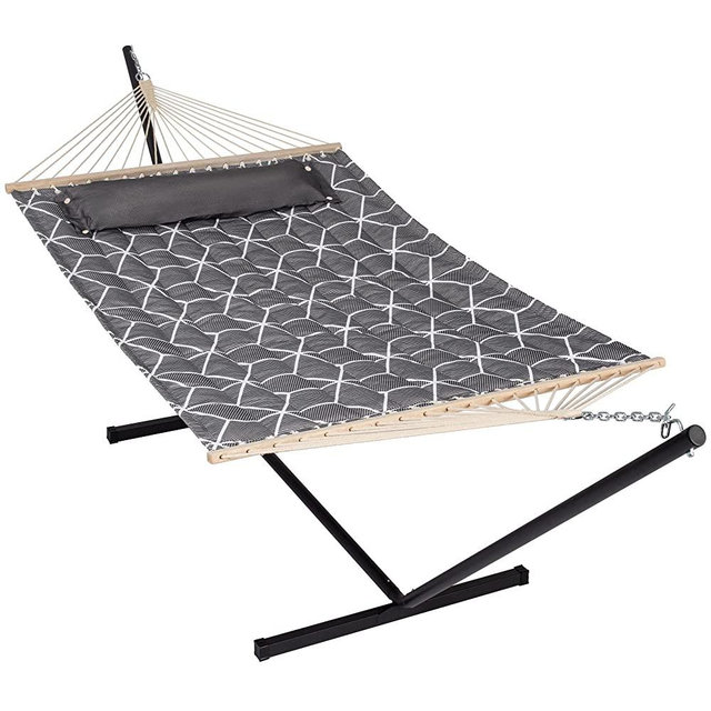 Lazcorner Double Hammock with 12 Feet Heavy Duty Steel Stand Combo, 2 Person Quilted Fabric Hammocks with Stand for Outdoors Indoors, 450 LBS Weight Capacity, Gray Cube