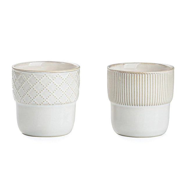 MIKIGEY Espresso Cups Set of 2, 4oz Espresso Shot Cups, Mini Coffee Mugs Farmhouse Decor, Demitasse Cup Perfect for Coffee Maker, Microwave and Dishwasher Safe, (Embossed Stripes+Checks