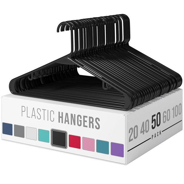 Plastic Hangers 50 Pack Black - Clothes Hangers - Makes The Perfect Coat Hanger and General Space Saving Clothes Hangers for Closet - Percheros Ganchos Para Colgar Ropa Hangars