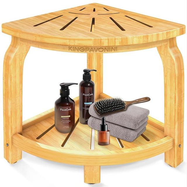 Bamboo Corner Shower Stool for Shaving Legs Foot Rest, Waterproof Bath Bench Seat with Storage Shelf for Bathroom Inside Shower, Hold Up to 450Lbs(Bamboo)