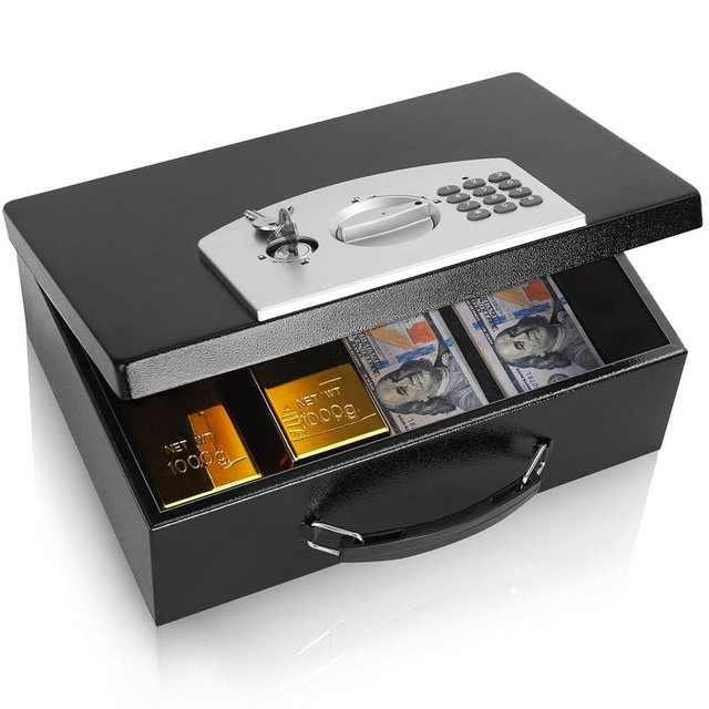 Dalmbox Portable Metal Safe Box with Digital Code Lock,Fire Resistant Storage for Documents, Fireproof Safe Box, Car, Home, Office and Outside, Black Box， Medium