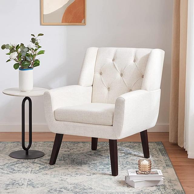 HUIMO Accent Chair, Upholstered Button Tufted Armchair, Linen Fabric Sofa Chairs for Living Room, Bedroom, Mid-Century Modern Reading Comfy Chair Beige