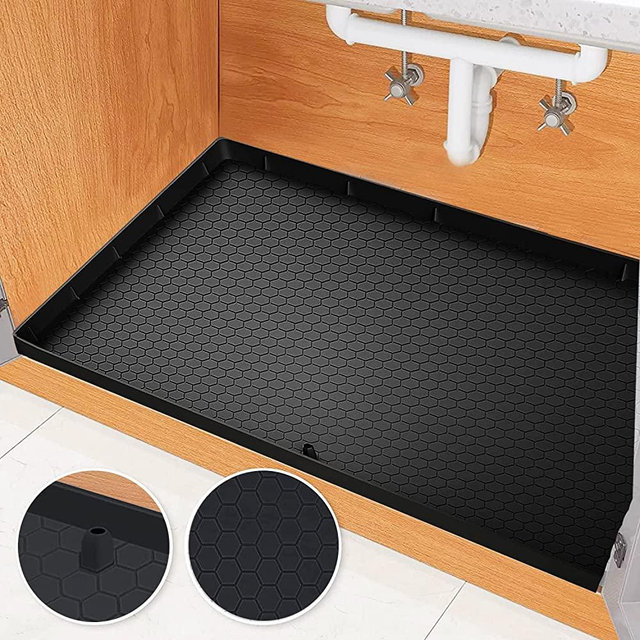 Under Sink Mat for Kitchen Waterproof, 34" x 22" Silicone Under Sink Liner Mat with Drain Hole, Kitchen Bathroom Cabinet Liner Holds Over 2.2 Gallons, Under Sink Tray for Drips, Leaks, Spills (Black)