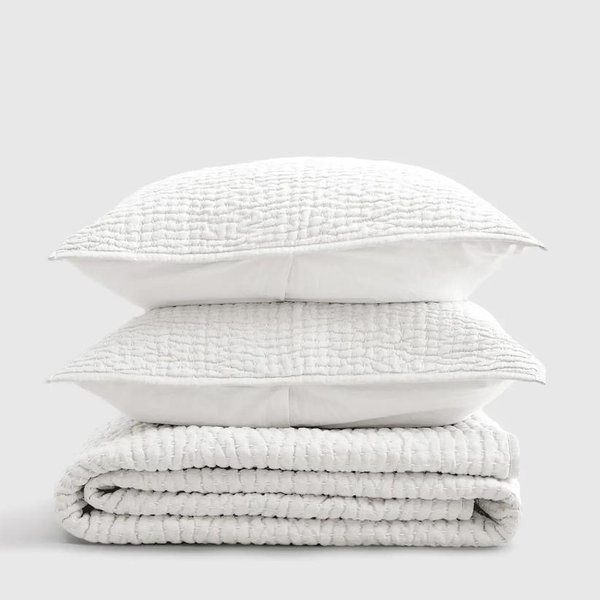 European Linen Cotton Stitch Quilt Set - White, King/Cal King