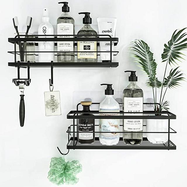 Shower Caddy Basket Shelf with Hooks Black
