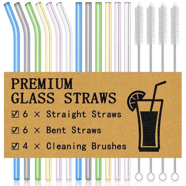 Piteno® 16-Pack Reusable Glass Drinking Straws, 8.5''x10MM, Set of 6 Straight and 6 Bent with 4 Cleaning Brushes, Perfect for Smoothies, Milkshakes, Juice, Tea (Rainbow)