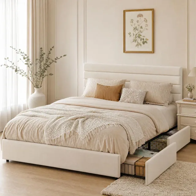 Garvee Velvet Bed Frame with 4 Storage Drawers, Mid-Century Modern Upholstered Platform Bed with Tufted Headboard, No Box Spring Needed