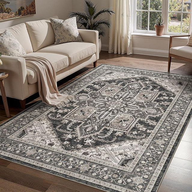 WITSHOCK Black Living Room Area Rugs 5x8: Washable Rug Boho Soft Low Pile Stain Resistant Foldable Carpet for Foyer Entryway, Bedroom Playroom Dining Room Office Kitchen Farmhouse Modern Rug