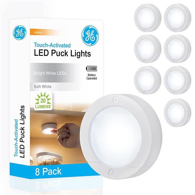 GE Wireless LED Puck Lights, 8 Pack, Battery Operated, 20 Lumens, Touch Light, Tap Light, Stick on Lights, Under Cabinet Lighting, Ideal for Kitchen Cabinets, Closets, Garage and More, 45998