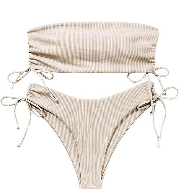 MakeMeChic Women's 2 Piece Bandeau Swimsuits Tie Side Ribbed Bikini Set Tankini