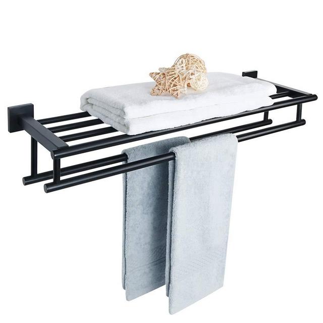 Alise 28-Inch Bathroom Lavatory Towel Rack Towel Shelf with Two Towel Bars Wall Mount Holder,GZ8070-B SUS 304 Stainless Steel Matte Black
