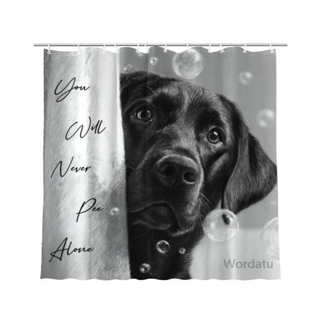 Wordatu Funny Black Labrador Dog Bathroom Shower Curtain 72x72 Inch You Will Never Pee Alone Black White Interesting Polyester Waterproof Decor 12 Hooks