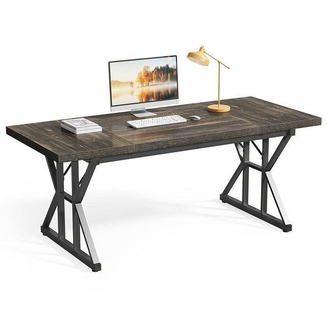 LITTLE TREE 70.8-Inch Large Executive Desk, Extra Long Computer Office Desk Workstation, Modern Simple Style Laptop Table, Sturdy Wooden Writing Workstation for Home Black Oak