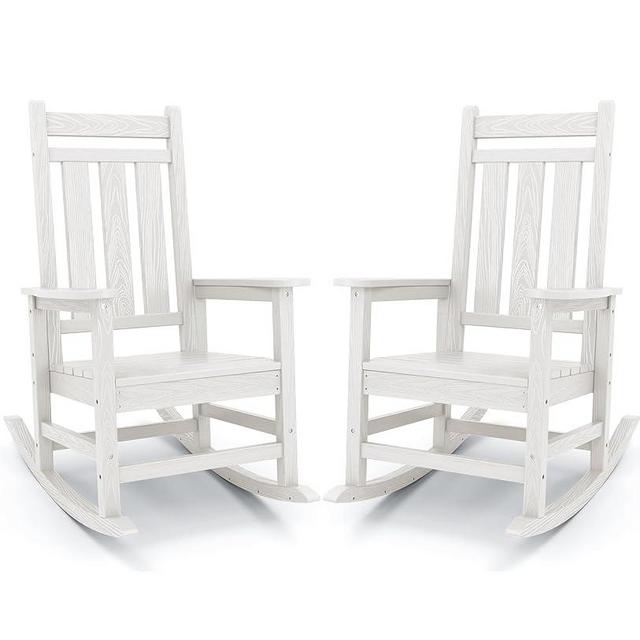 KINGYES Outdoor Patio Rocking Chair Set of 2, Weather Resistant Oversized Porch Rocker, High Back Outdoor Rocking Chair for Adult, Outdoor Rocker with 380Lbs Support(Plum Rocker)- White