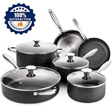 Nonstick Cookware Set, 10 Piece Stone-Derived Cooking Pots and Pans with Lids, Home Kitchenware with Saucepan, Frying Pan, Stockpot, Induction Compatible, Oven Safe, Granite/Gift Box Included