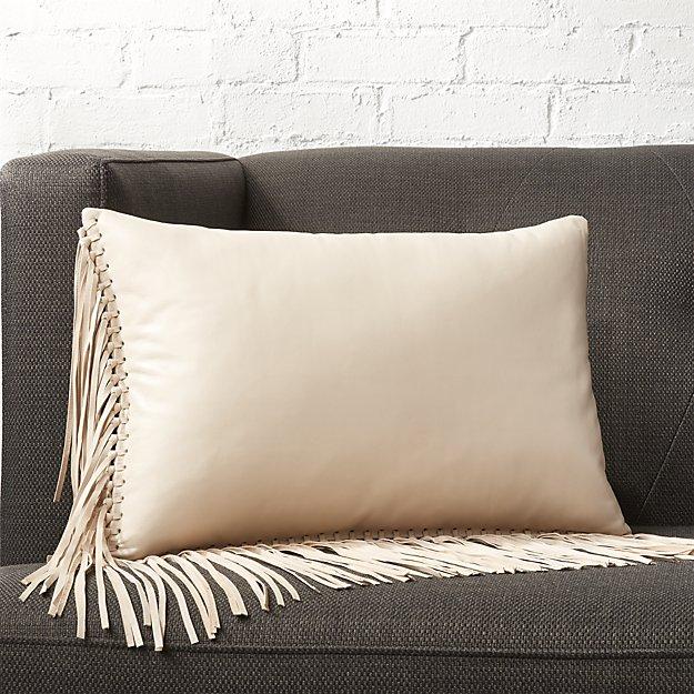 18"x12" Leather Fringe Ivory Pillow with Down-Alternative Insert