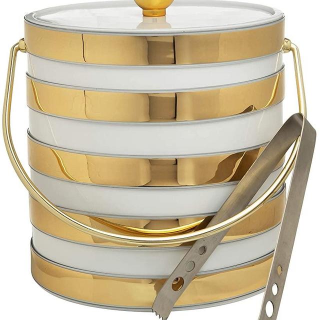 Hand Made In USA White & Gold Stripes Double Walled 3-Quart Insulated Ice Bucket With Ice Tongs (Metallic Deco Collection)