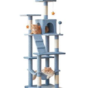 Ocean-Themed Cat Tree for Indoor Cats, 63.8 Inches Multi-Level Tower with Sisal-Covered Scratching Posts, Padded Platform, Hammock, Dangling Toys, Stable Condo Pet Play House, Blue