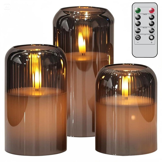 Eldnacele Black Glass Flameless Candles with Remote and Timer, Battery Operated 3D Wick Flickering LED Pillar Candles for Dinner Wedding Holiday Decor (3Pcs, D3×H4/5"/6")