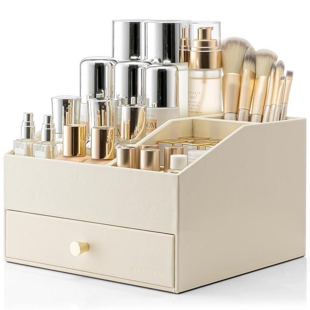VLANDO Makeup Organzier,Vanity Organizer with Drawers, PU Leather Skincare Organizer Perfume Organizer,Large Cosmetic Display Case for Lipstick,Brushes Gifts for Women-Beige