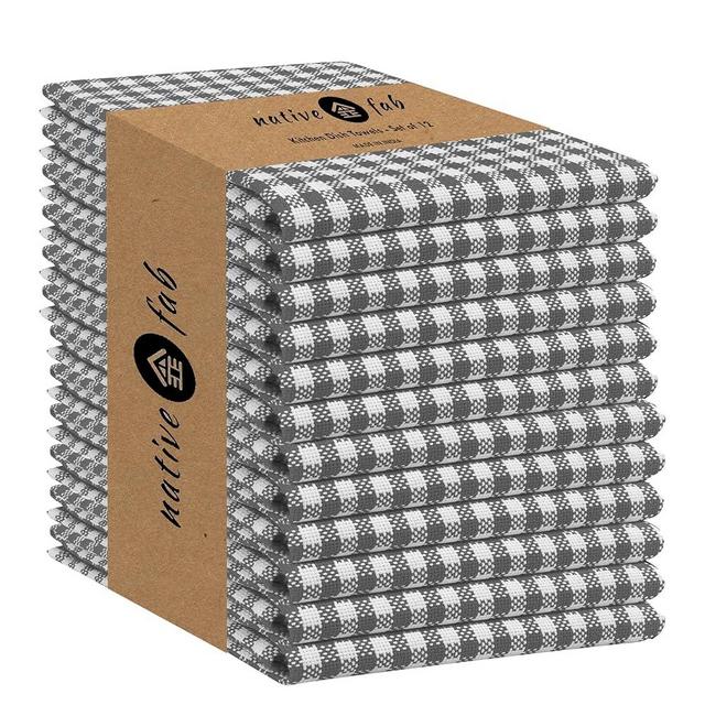 Native Fab 12 Pack Gingham Mini Check Kitchen Dish Towels Cotton Durable Washable 16"x26" - Tea Towels, Soft Absorbent Wash Cloths, Multi Purpose Towels with Hanging Loop - Grey White