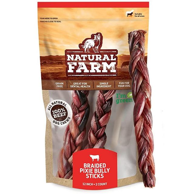 Natural Farm Pixie Braided Bully Sticks for Dogs 12" Long (2 Units) - High Protein, Low Fat - Fully Digestible - Grain-Free Beef Pizzle for Dogs - Thin Bully Sticks for Large Dogs & Light Chewers