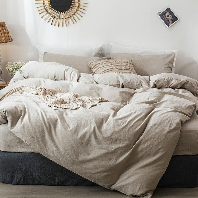 MooMee Bedding Duvet Cover Set 100% Washed Cotton Linen Like Textured Breathable Durable Soft Comfy (Tannish Linen Grey, Super King)