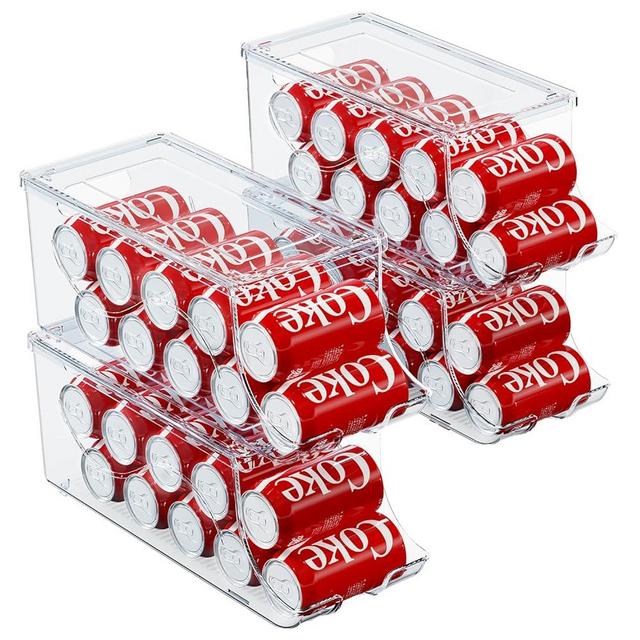 SCAVATA 4 Pack Stackable Refrigerator Organizer, Soda Can Dispenser Pop Cans Container Beverage Holder with Lid for Fridge, Freezer, Kitchen, Clear Plastic Storage Bins-Holds 10 Cans Each -Transparent