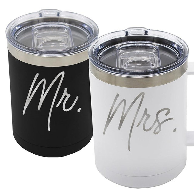 My Personal Memories Set of 2 Mr and Mrs Stainless Steel Insulated Coffee Tumbler with Lid (Black Mr White Mrs)