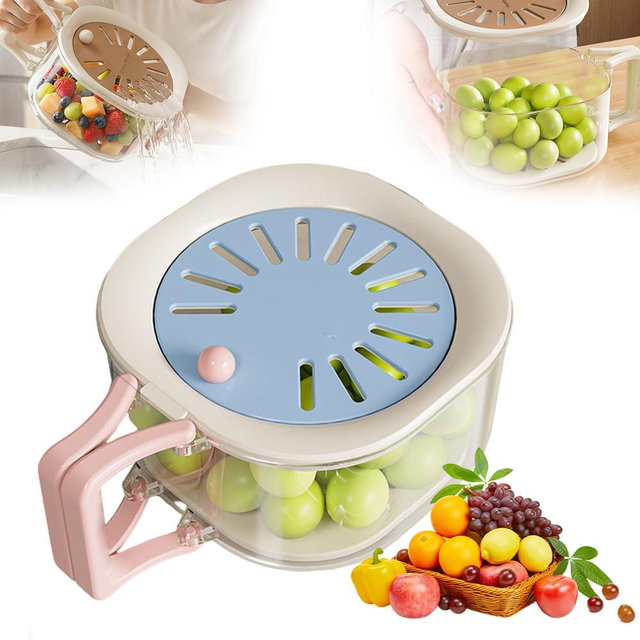 2-in-1 Draining and Preservation Basket,Multifunctional Fruit and Vegetable Washing Bowl with Handle Fruit Strainer Container and Lid for Kitchen Fridge Outdoor Picnic Camping (Blue)