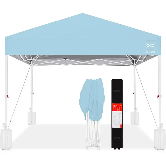 Best Choice Products 10x10ft Easy Setup Pop Up Canopy w/ 1-Button Setup, Wheeled Case, 4 Weight Bags - French Blue/White