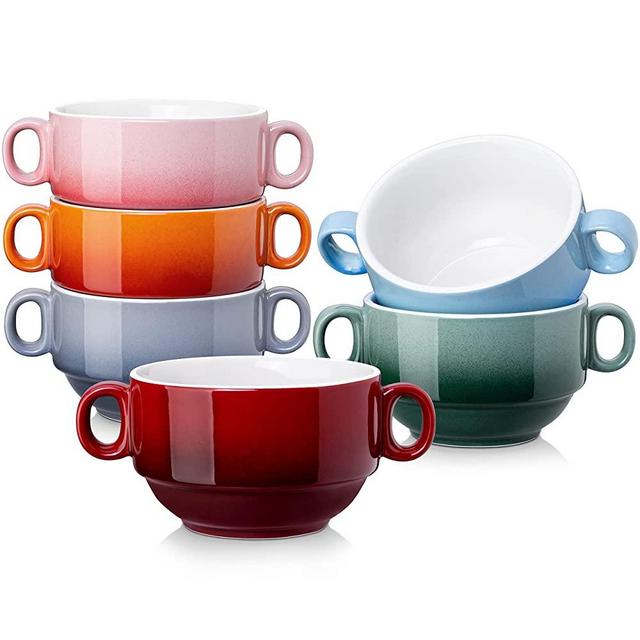 Multi-Color 13 OZ Soup Bowls with Handles, LOVECASA Ceramic French Onion Soup Mugs, Soup Crocks Serving Bowls for Kitchen, Microwave & Dishwasher Safe, Set of 6