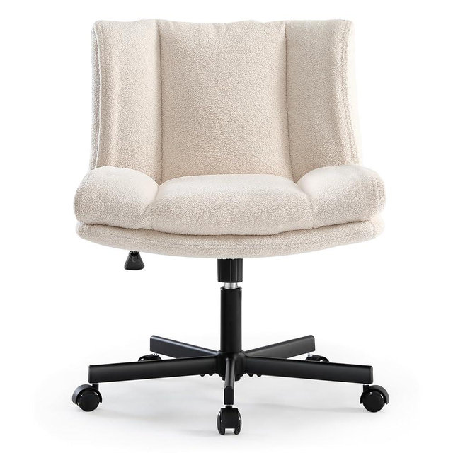 LEAGOO Armless Desk Chair, Office Chair with Wheels, Desk Chair with Furry, Modern Swivel Height Adjustable Office Chair with Wide Seat for Home, Office, Make Up, Bed Room - Cream White