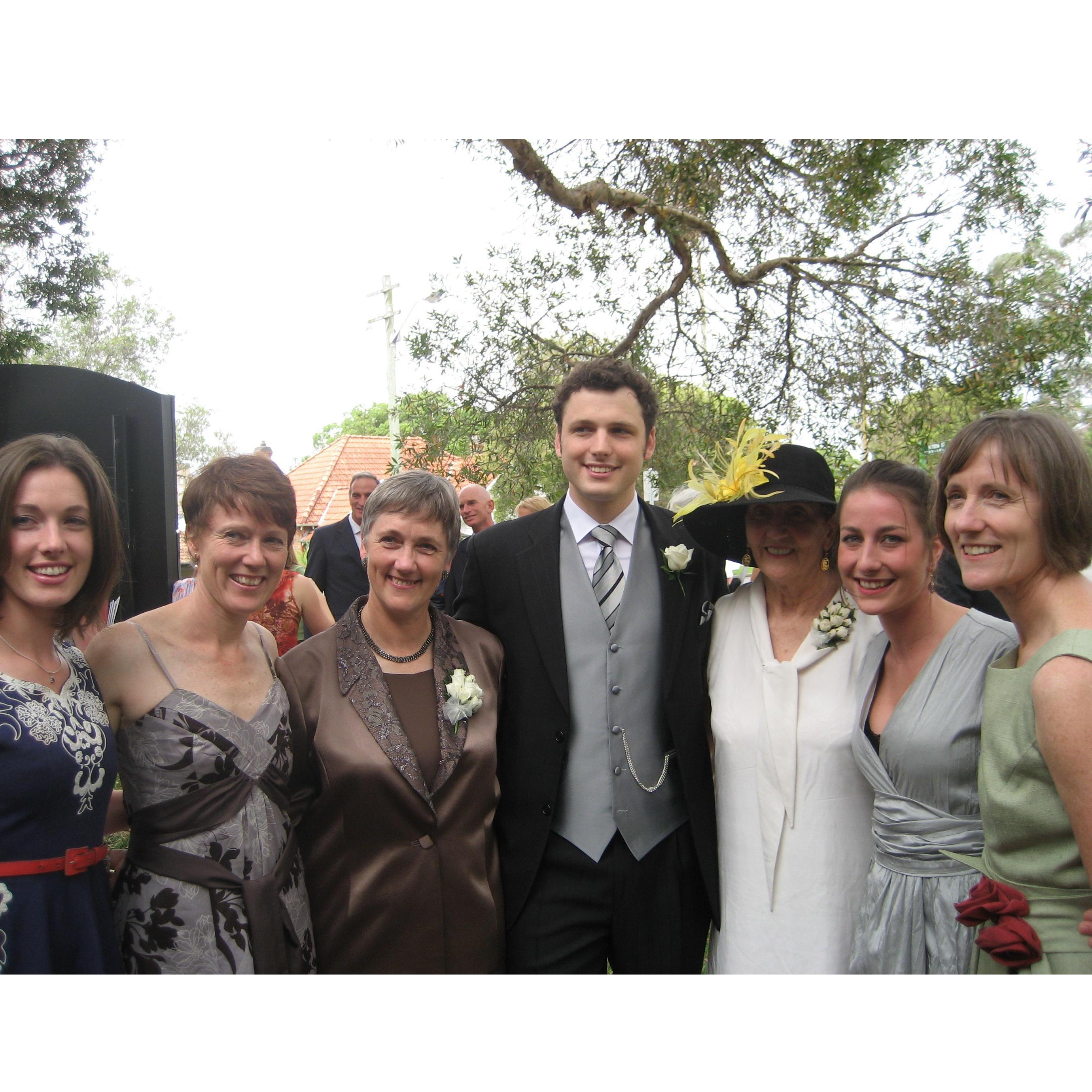 James Katz at his wedding in Sydney, Australia. From left to right: Hannah Katz, Lizzy Gibson, Catherine Katz, James Katz, Margaret Huffadine, Naomi, Fiona Gibson