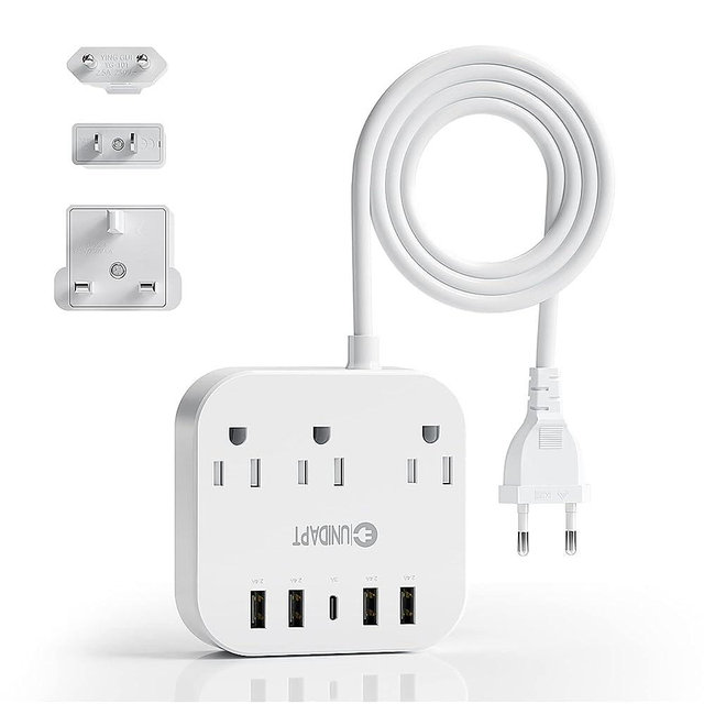 European Travel Plug Adapter, Unidapt US to UK Europe Plug Adapter, Power Strip for EU/UK/US with USB C and 4 USB Ports, 3 AC Outlets, Wall Mountable, 5ft Extension Cord, for Travel Cruise Ship Home