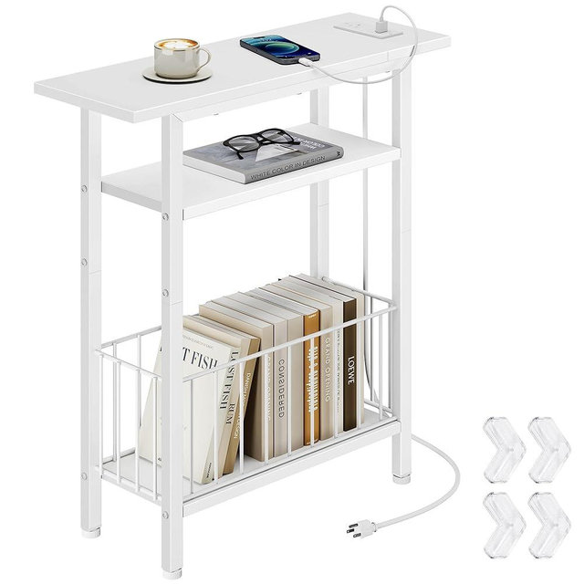 Vagusicc Narrow Side Table with Charging Station, Skinny Side End Table for Couch, 3-Tier Small End Tables for Small Spaces, 25.2" Tall Slim Nightstand Bedside Table for Living Room, Bedroom, White
