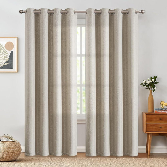 jinchan Linen Textured Curtains 84 Inches Long 2 Panels for Living Room Grommet Top Room Darkening Thermal Insulated Bedroom Window Drapes Greyish Beige, 2 Panels